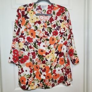 Hot Cotton Top Button Front Shirt Sz S 100% Linen Floral 3/4 Sleeves